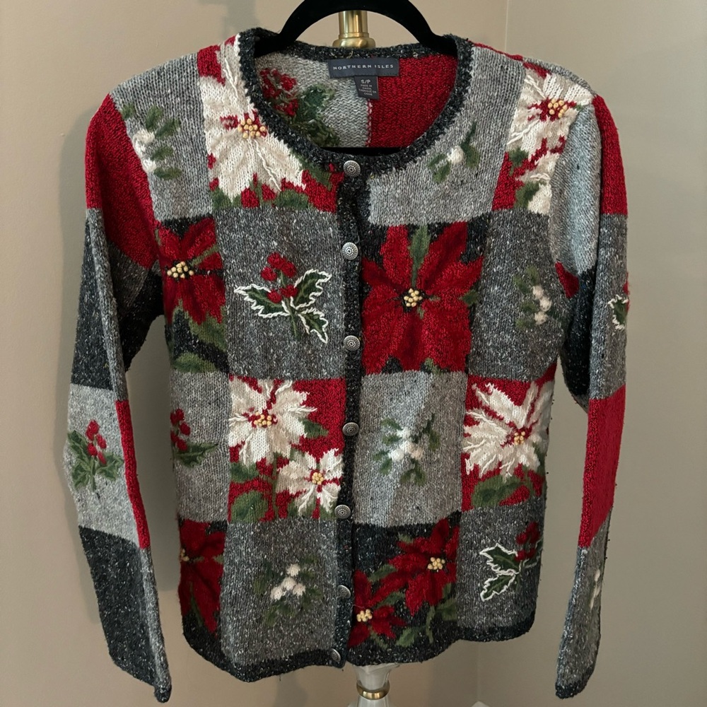 90s Northern Isles Poinsettia Patchwork Cardigan Sweater Size Small